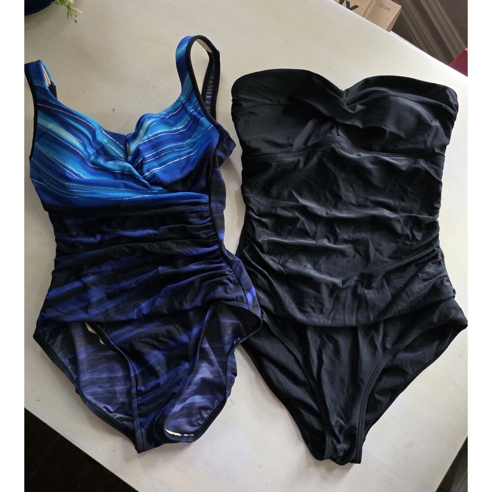 Lot of 2 Miraclesuit Ruched Tummy Control One Piece Swimsuits Blue Black Size 12